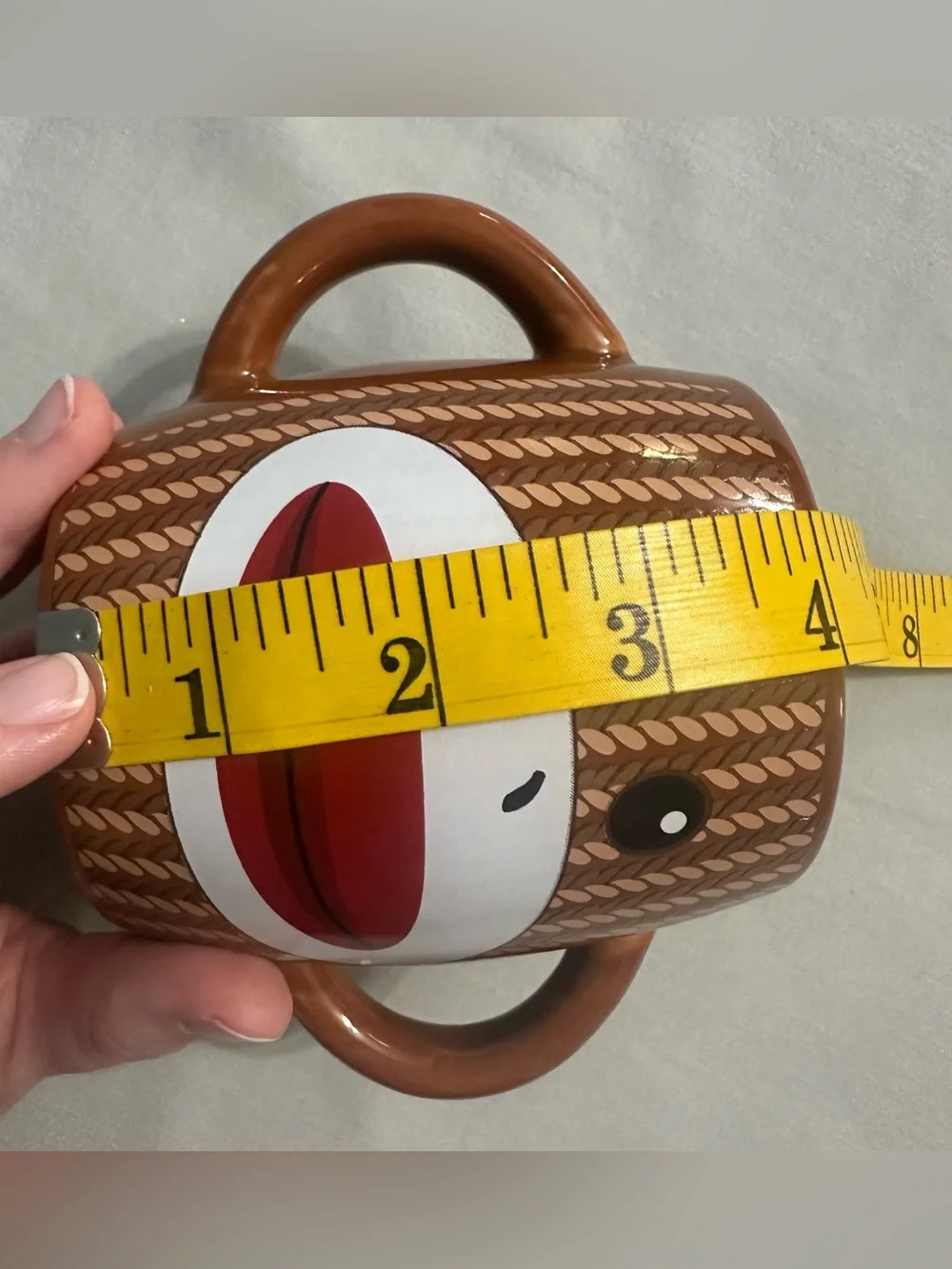 Galerie Sock Monkey Double Handle Mug Coffee Cup Brown Knit Pattern Ceramic